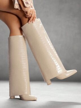 Shein Beige Cream Croc-Embossed Knee Boots